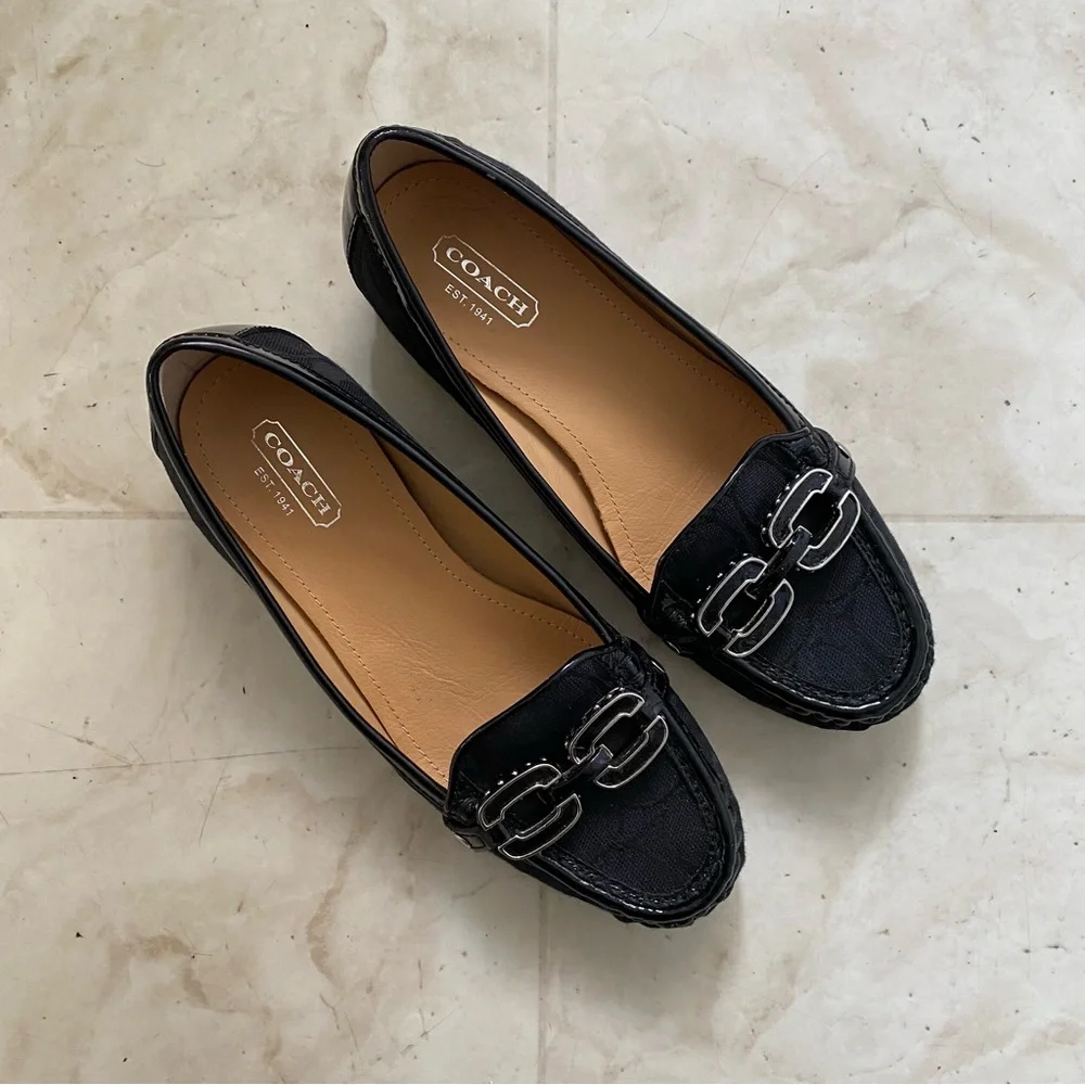 Coach Ella Signature Black Patent Leather Monogram Logo Flats Loafers Size 6B